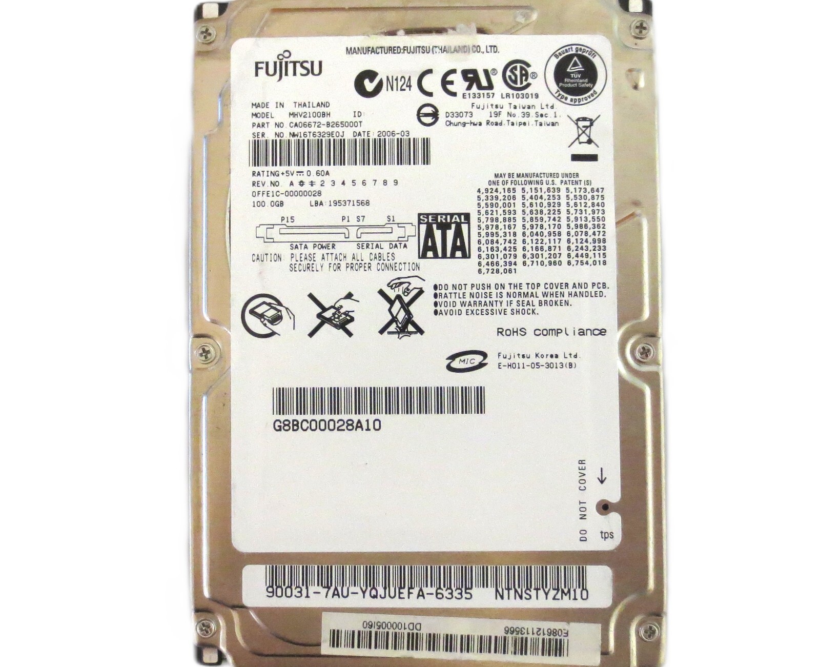 Fujitsu MHV2100BH CA06672-B265000T 0FFE1C-00000028 (NW1) Thailand 100gb 2006-03