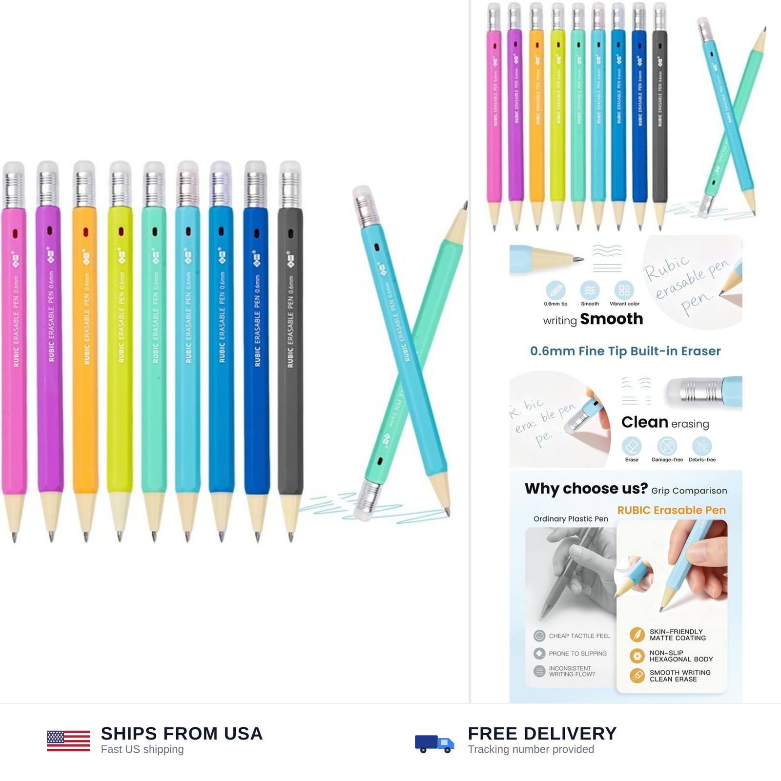 iiGEN RUBIC 0.6mm Erasable Gel Pens 9 Bright Basic colors, School & Planner |...