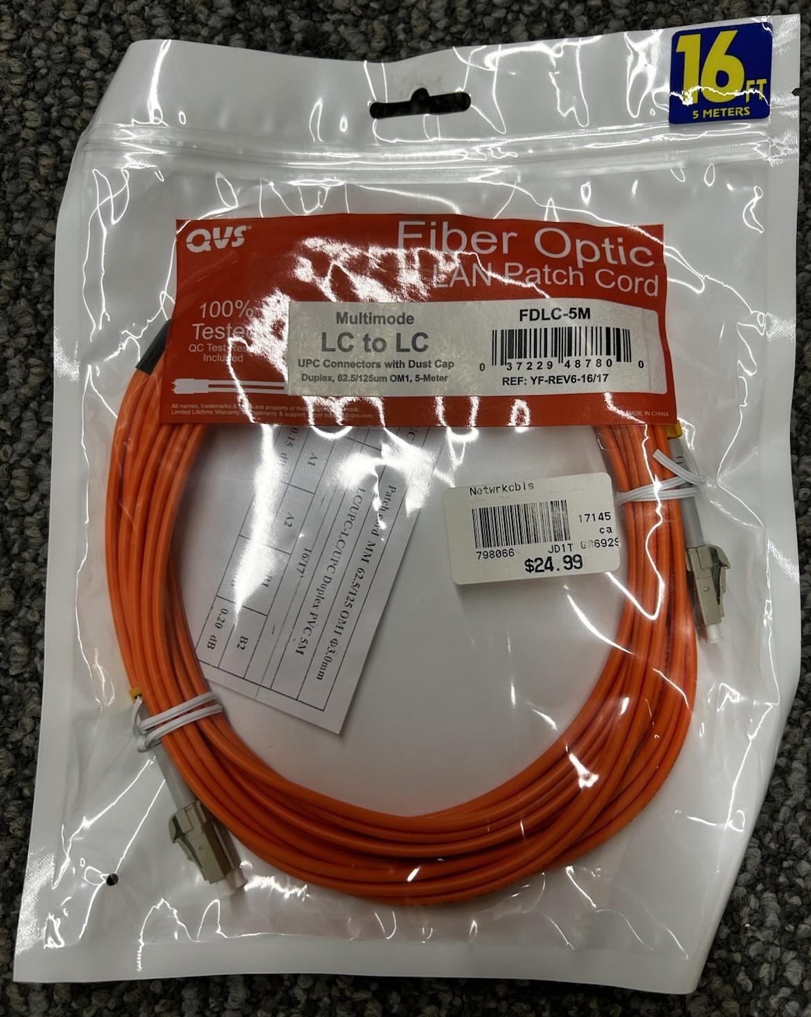 QVS Fiber Optic LAN Patch Cord LC to LC 16ft Multimode Duplex Orange