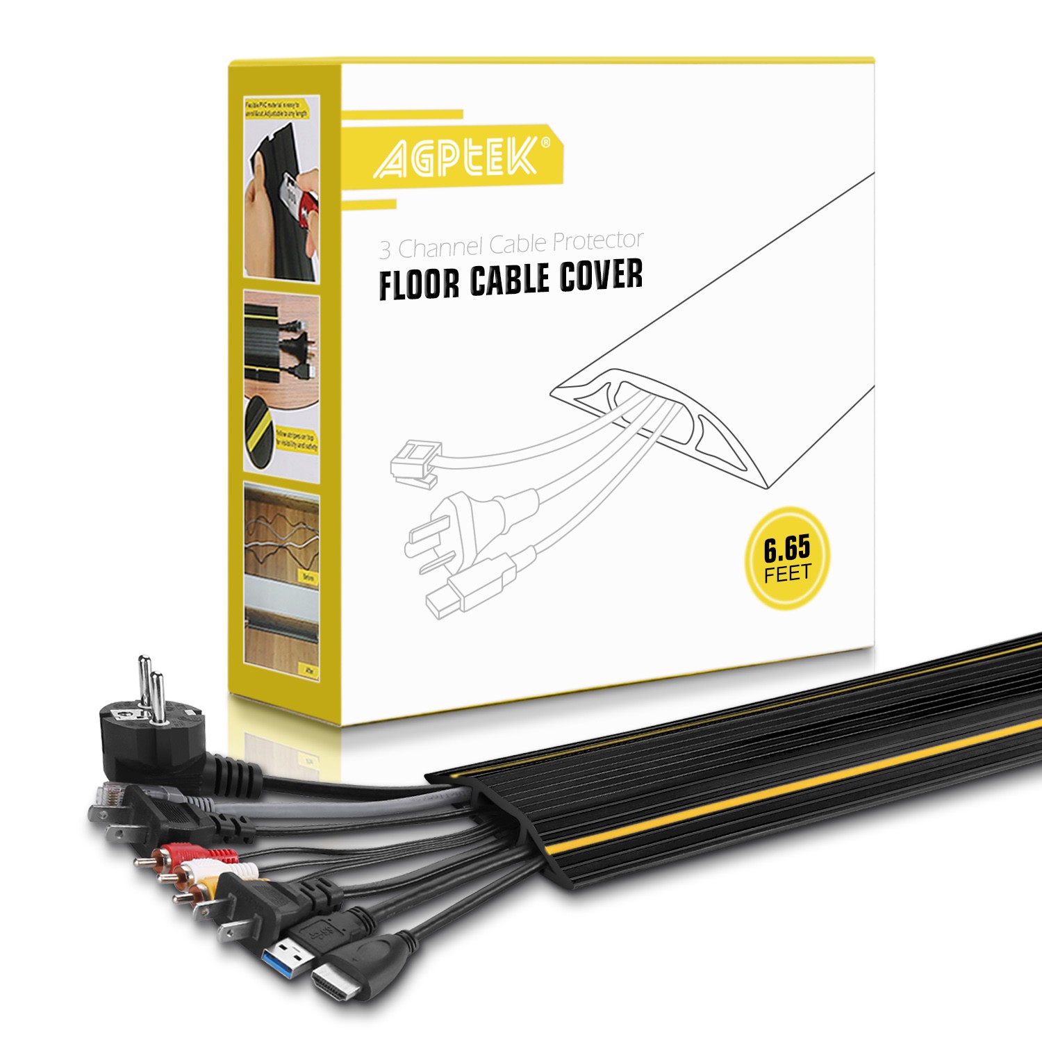 6.5Ft Floor Cord Cover Heavy Duty Floor Cable Cover 3 Channels Cable Wire Prot