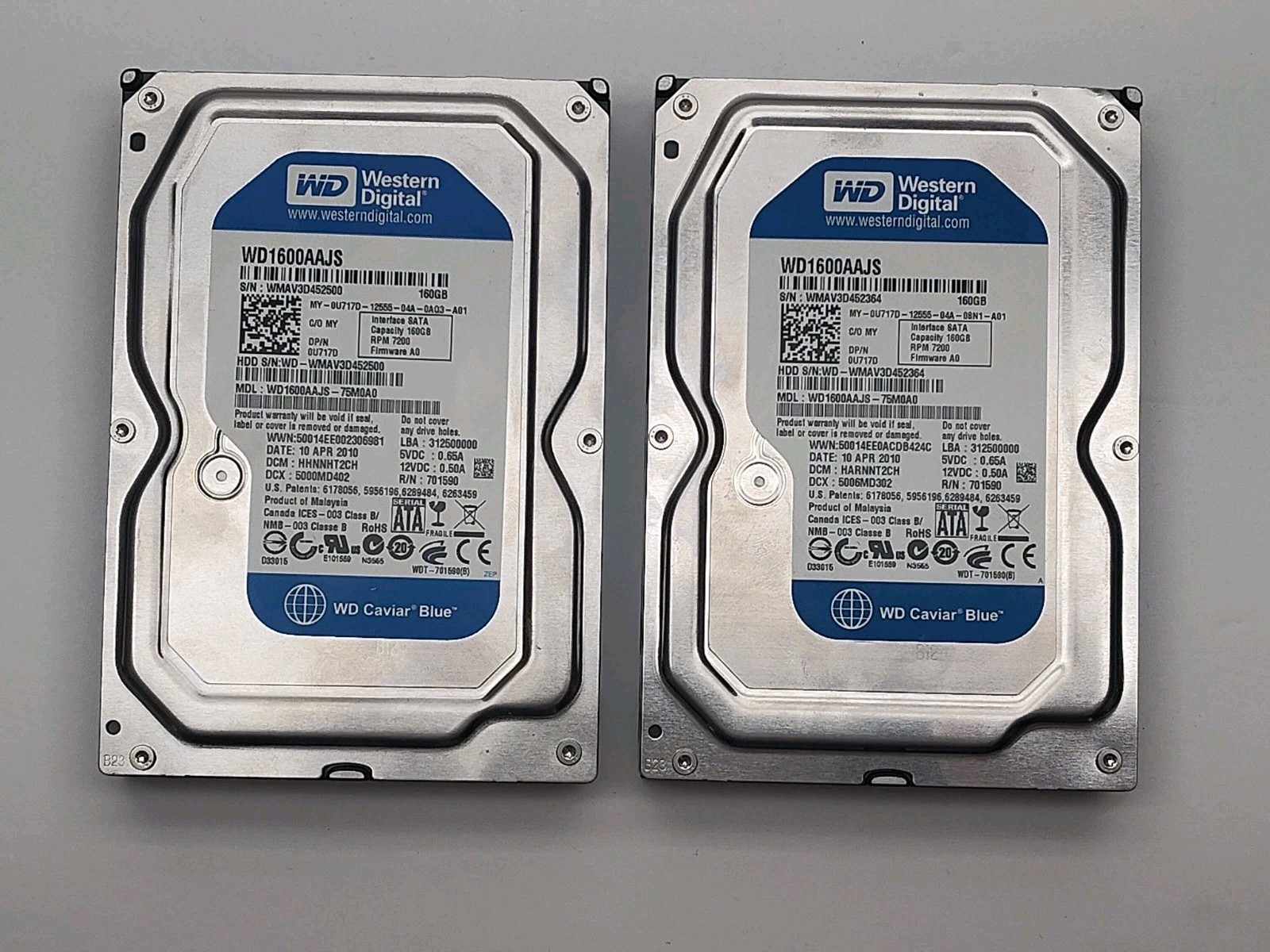 Western Digital LOT of 2 WD1600AAJS-75M0A0 160GB 7200RPM Harddrives HDD