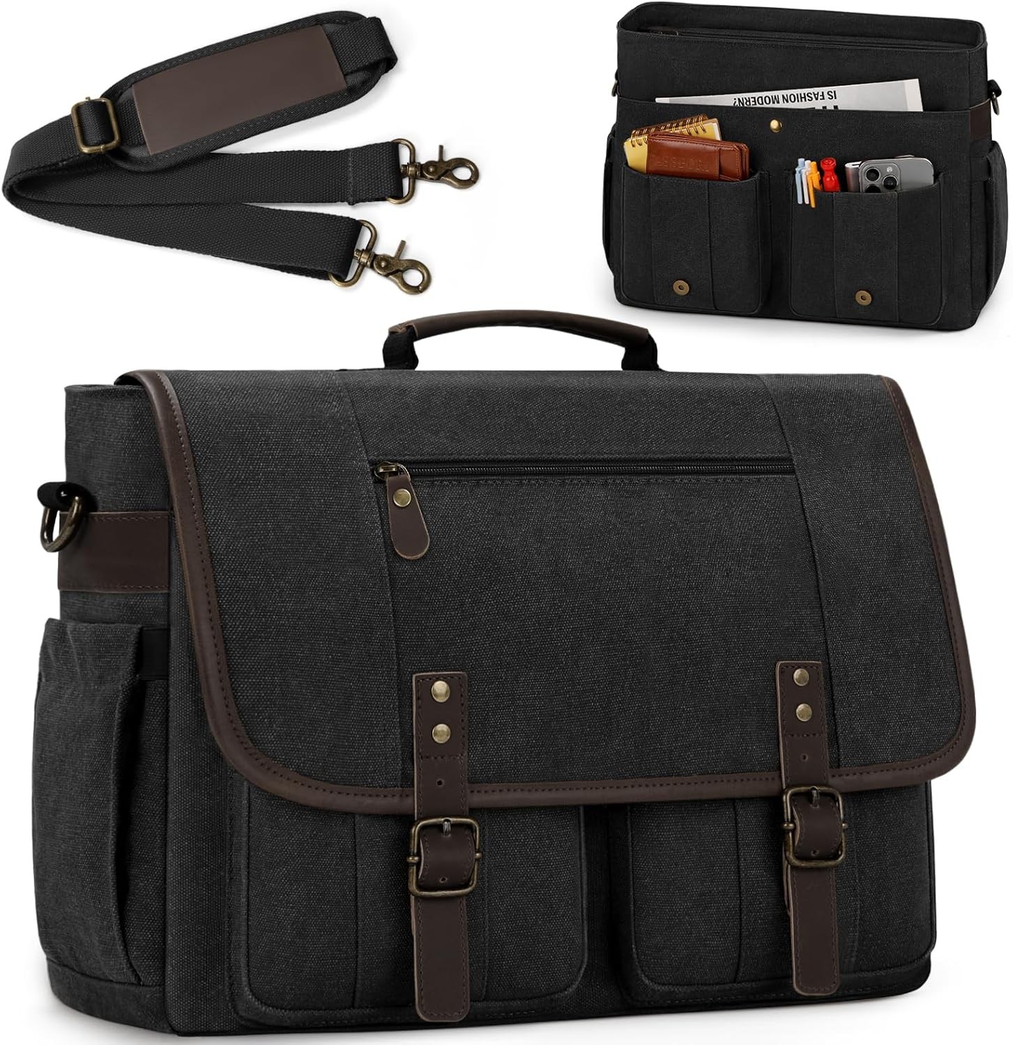 RAINSMORE Mens Messenger Bag 17-17.3 Inch Vintage Canvas Briefcase Black 