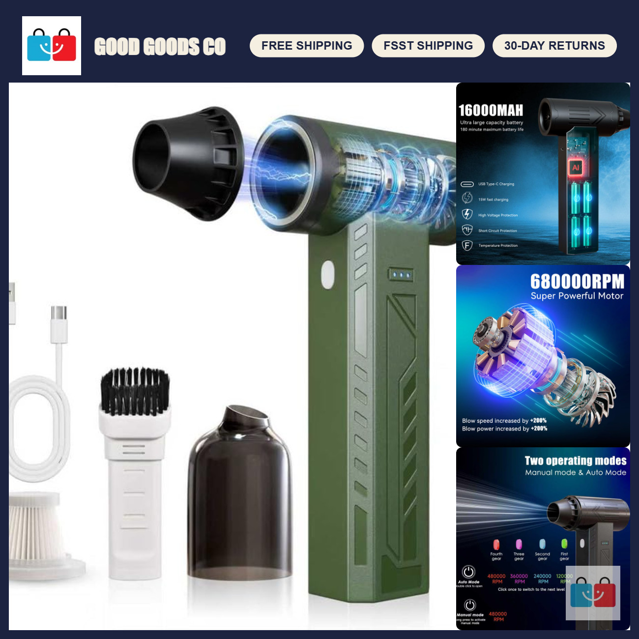 High-Power Cordless Compressed Air Duster 480000RPM, Rechargeable, Variable Spee