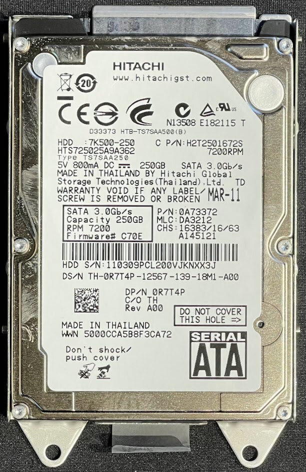 Hitachi TravelStar  250GB 7200RPM Hard Drive / HTS725025A9A364 / GJ050