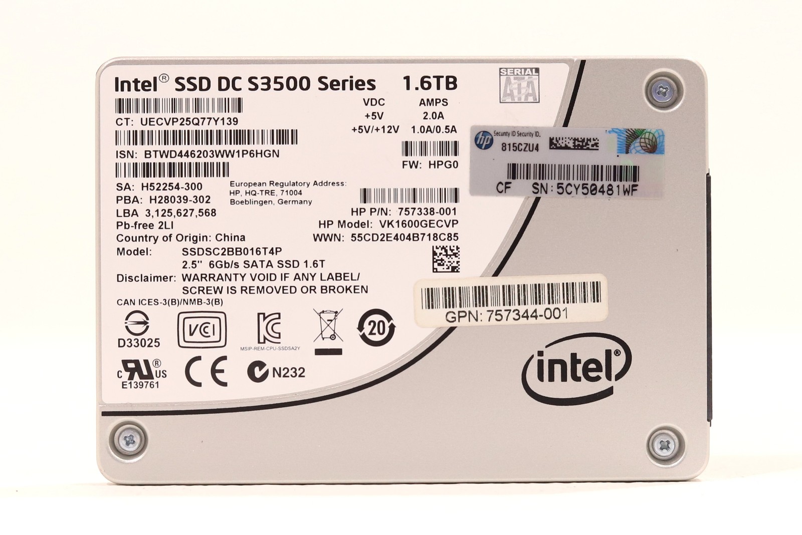HP VK1600GECVP 1.6TB 2.5" 6Gb/s SATA Solid State Drive P/N: 757338-001 Tested