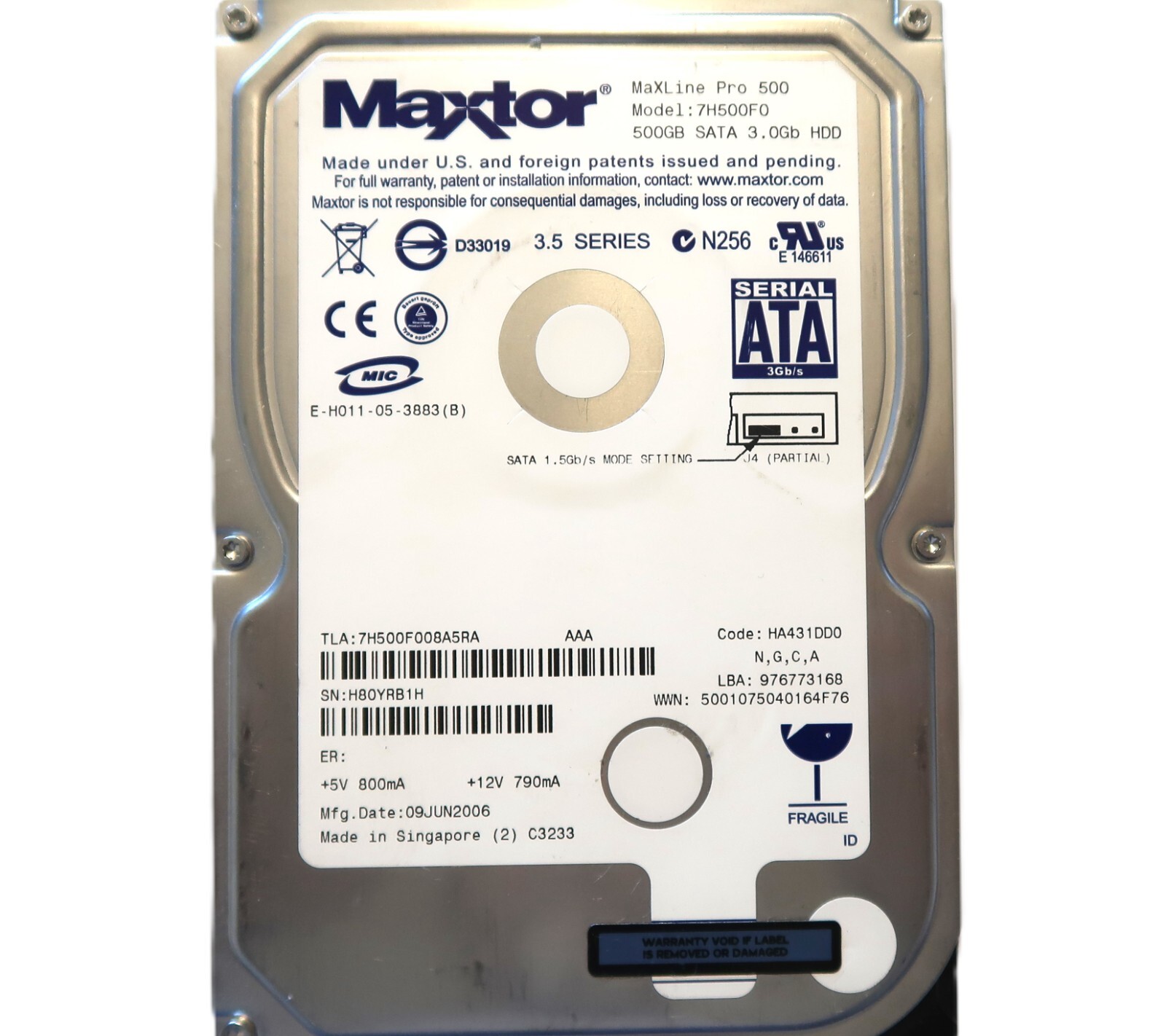 Maxtor MaxLine Pro 7H500F0 (N,G,C,A) H80Y HA431DD0 3.5" 500gb Sata HDD 09JUN2006