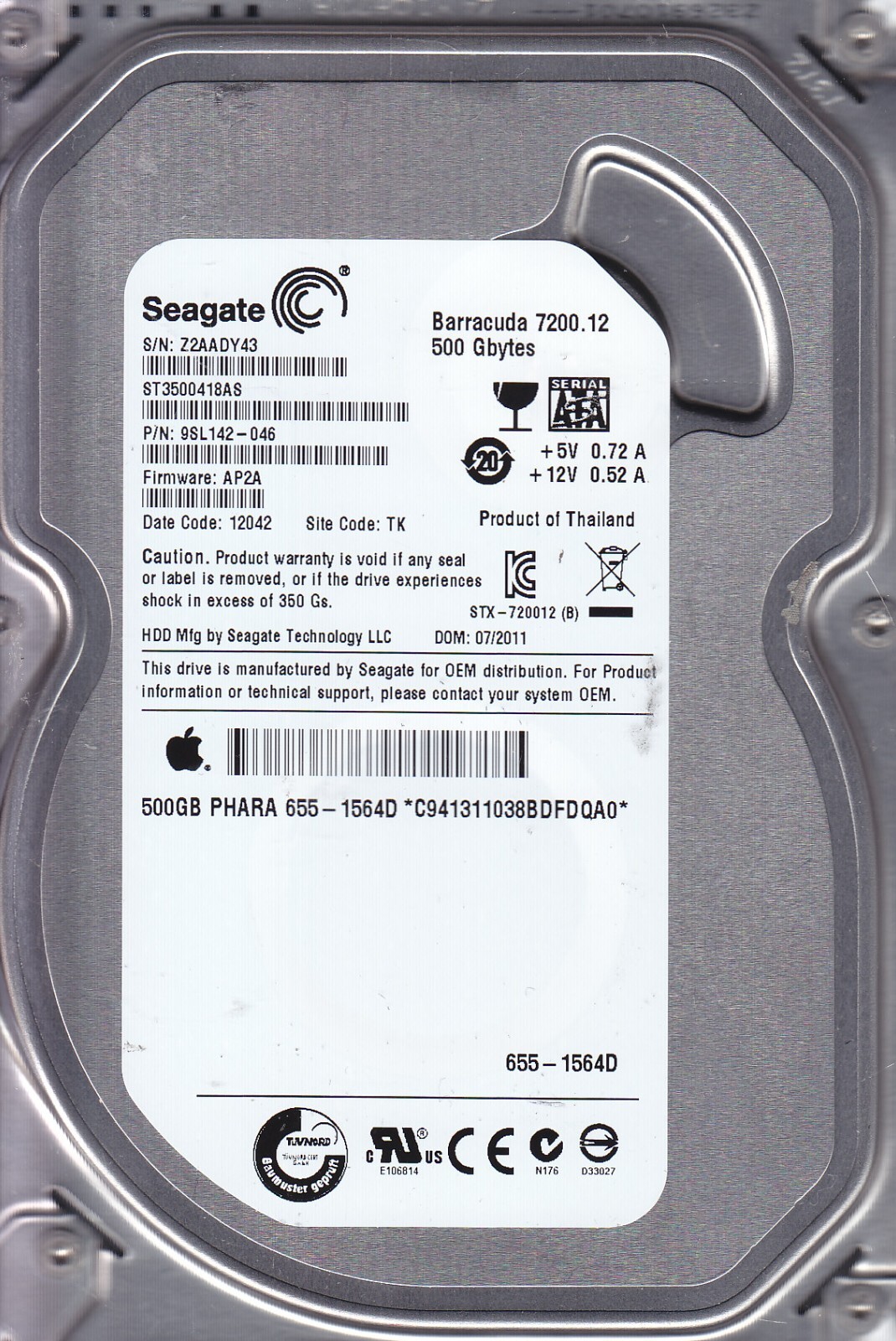 ST3500418AS p/n:  9SL142-046 s/n: Z2A f/w: AP2A TK  07/2011 500GB 3.5  SEAGATE 
