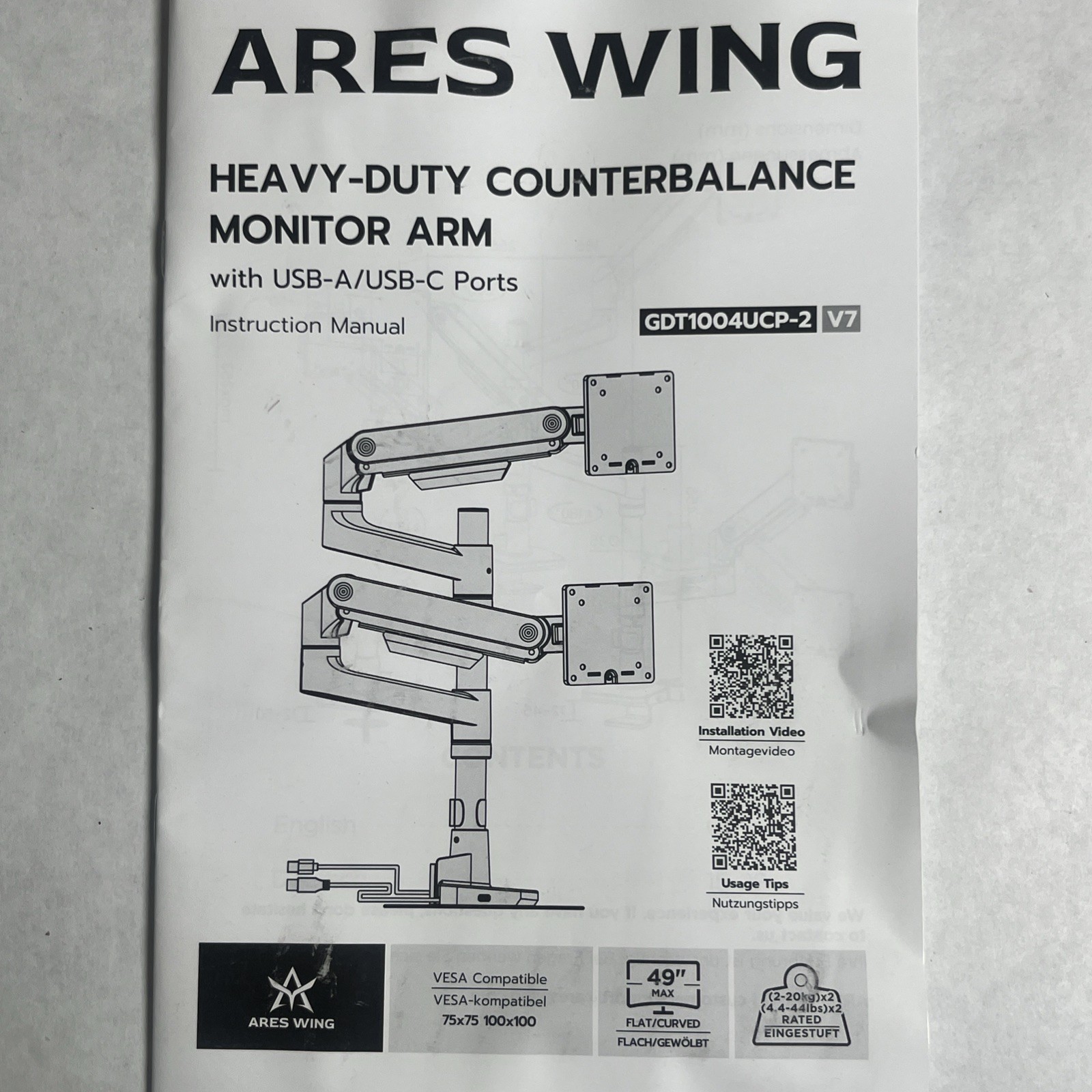 Ares Wing GDT1004UCP-2 Black Heavy Duty Dual Monitor Arm Fits 17-49" USB Ports