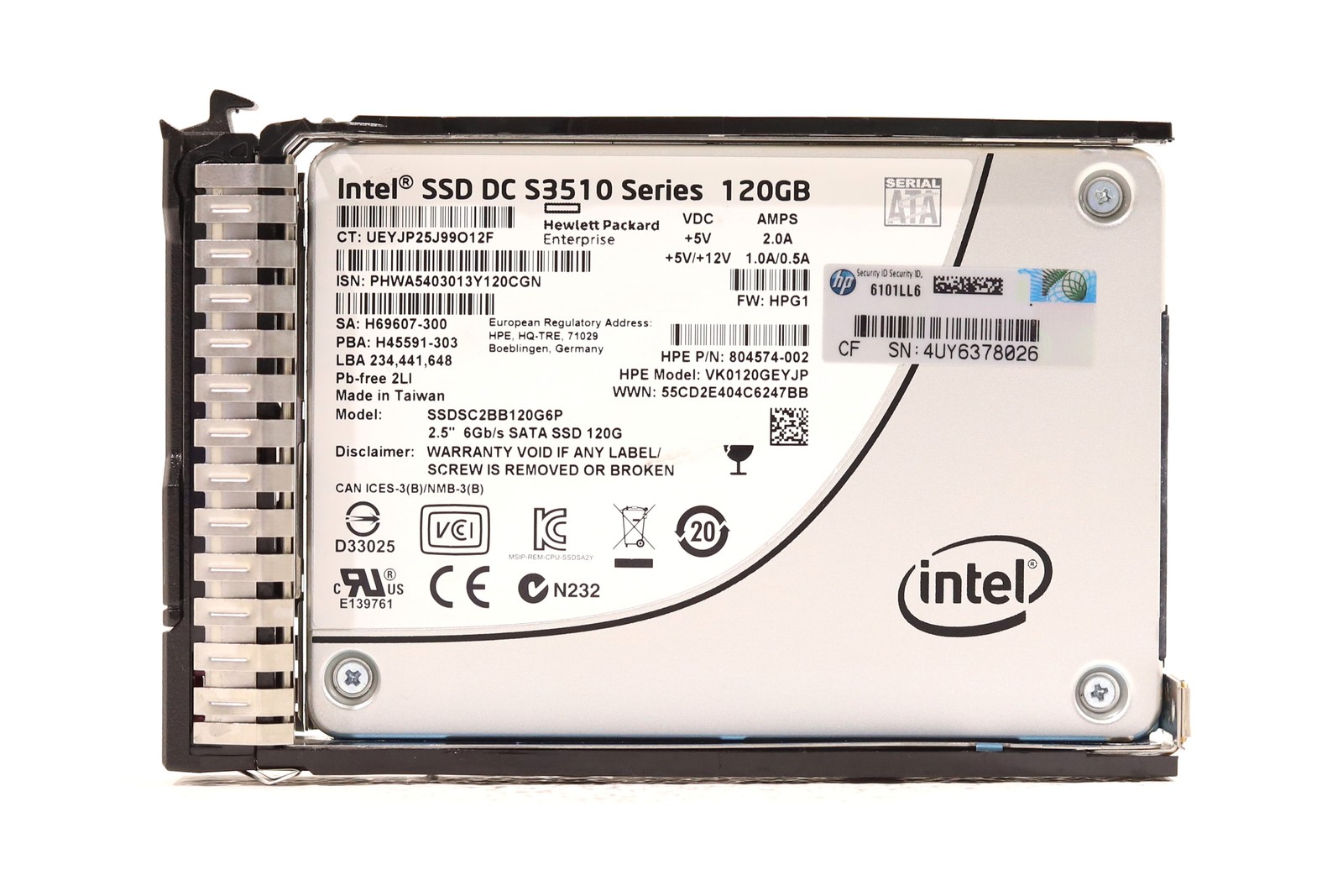 HP SSDSC2BB120G6P DC S3510 120GB 2.5" 6Gb/s MLC SATA SSD W/Caddy P/N: 804574-002