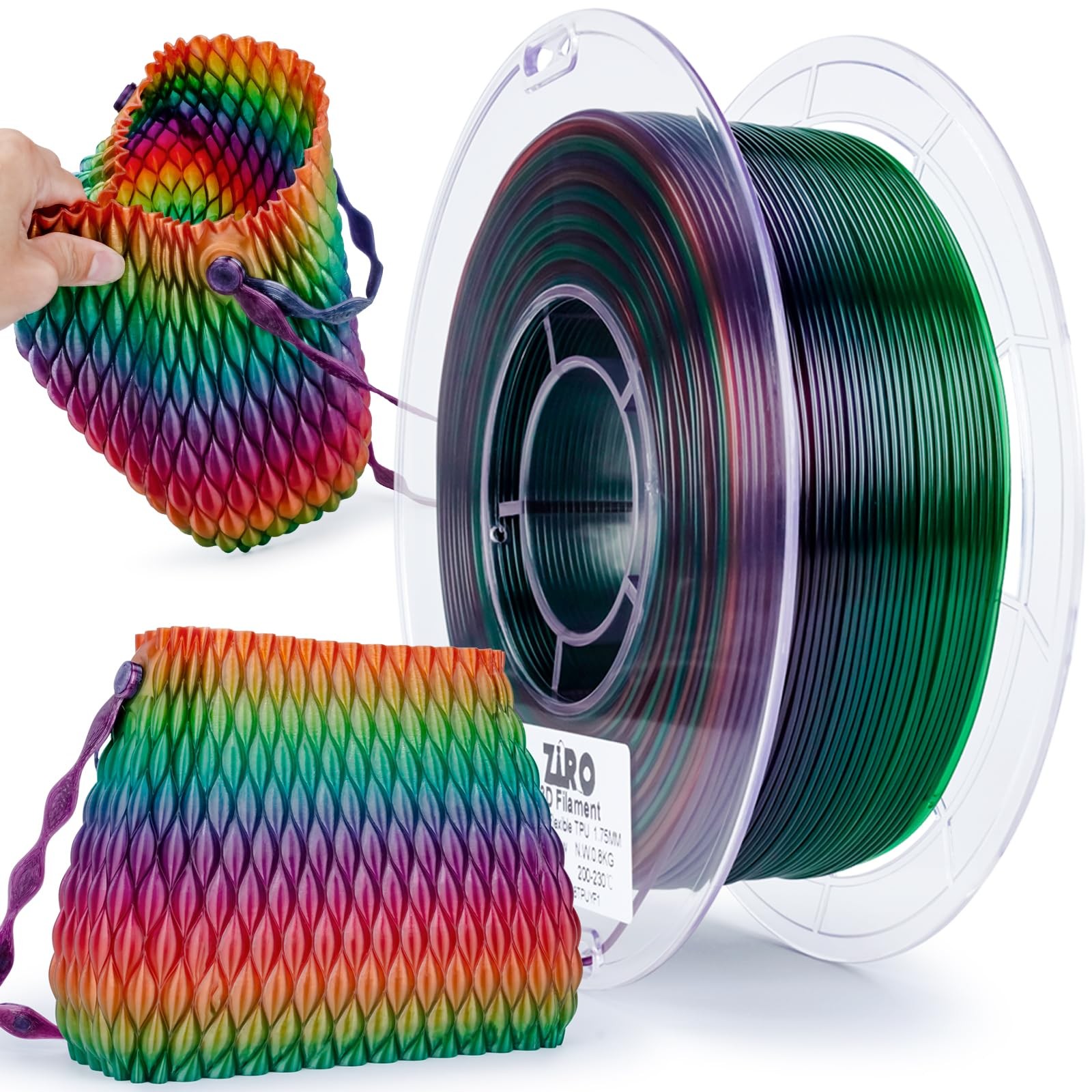 ZIRO Fast Color Changing TPU Filament, Shore 95A 0.8kg Spool, Flex Rainbow