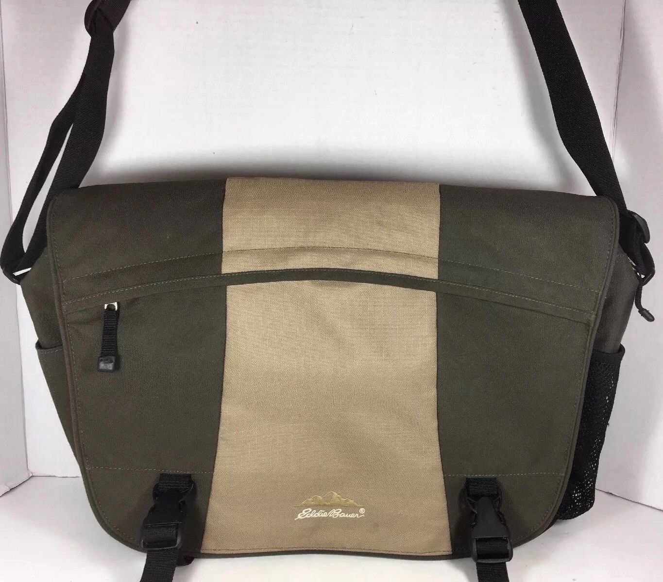 Eddie Bauer Large Green/Tan Fabric Messenger Laptop Computer Travel Bag