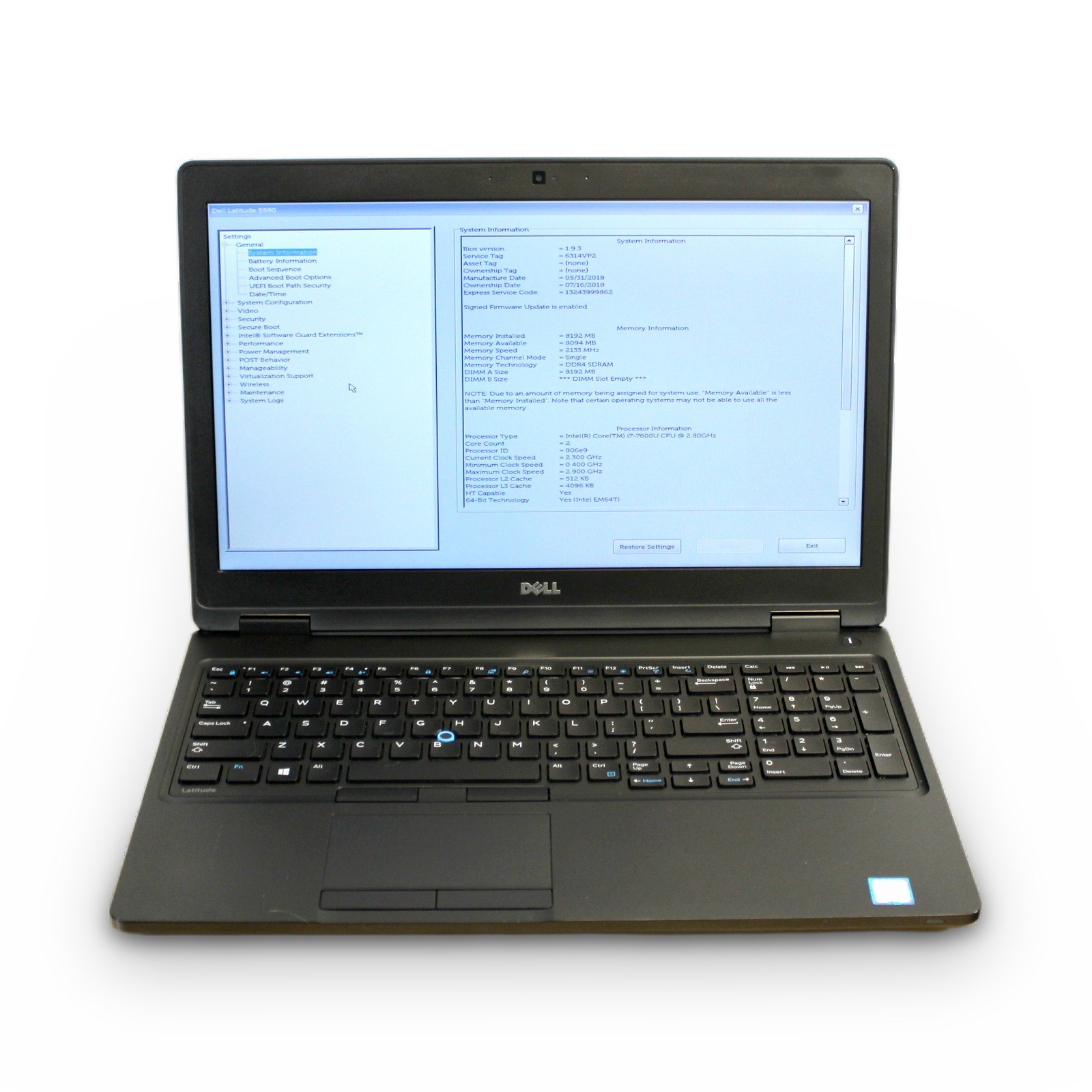 Dell Latitude 5580 15.6in i7-7600U 8GB 500GB HDD Grade B No OS, Power Cord
