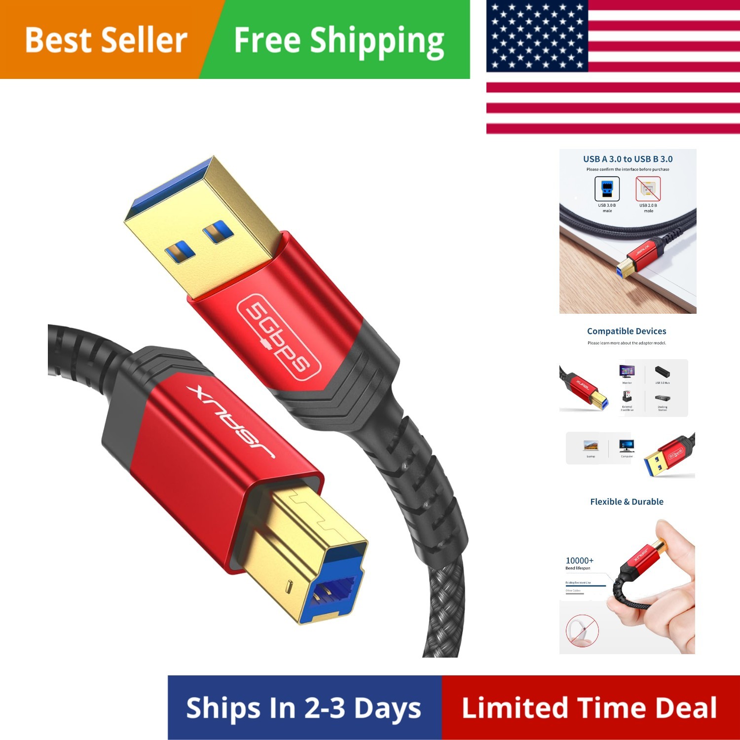 USB 3.0 Printer Cable, Type A Male to B 3.0 Male 10ft/3M USB 3.0 Type B Upstr...