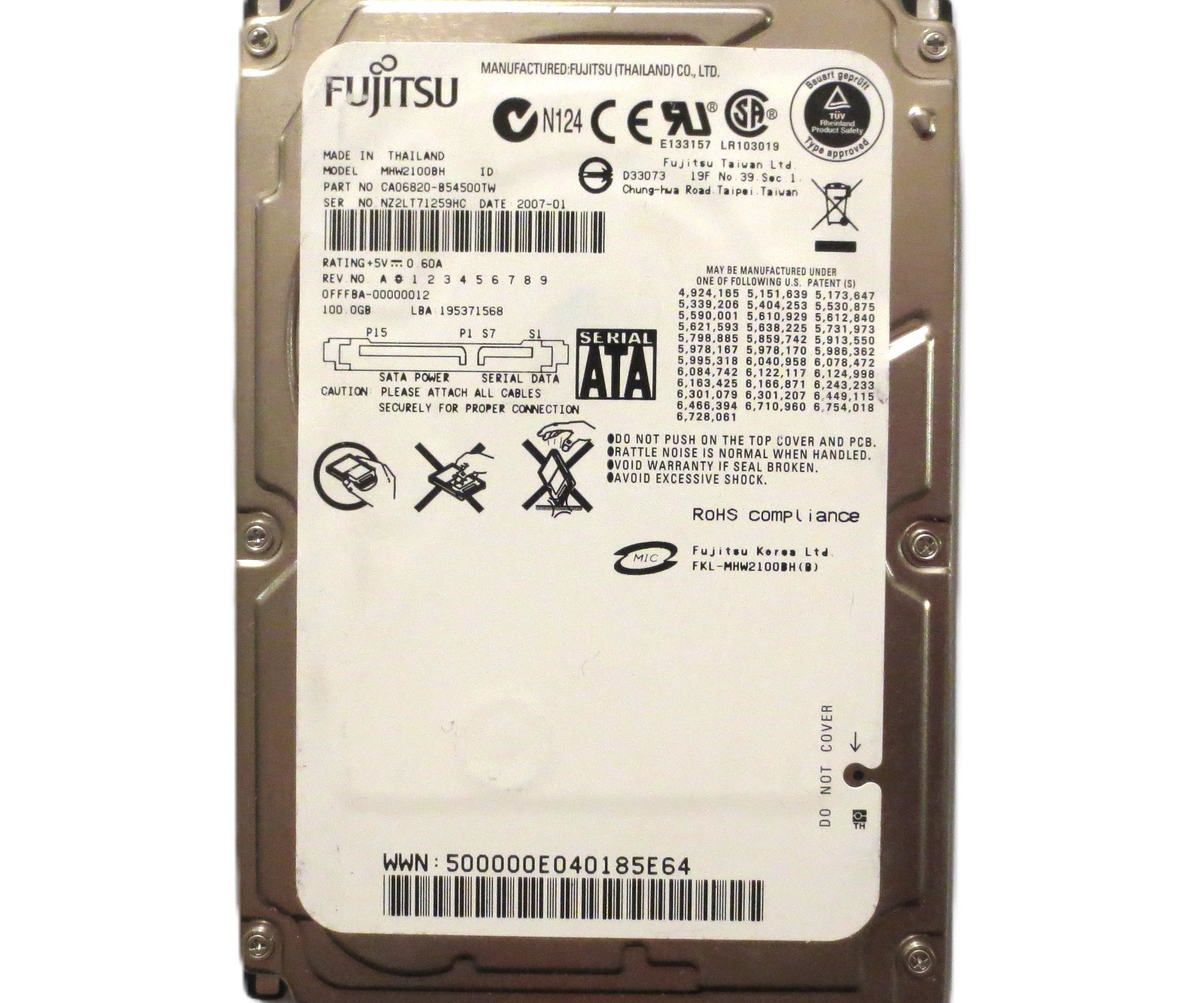MHW2100BH CA06820-B54500TW 0FFFBA-00000012 (NZ2) Thailand 100gb Sata HDD 2007-01