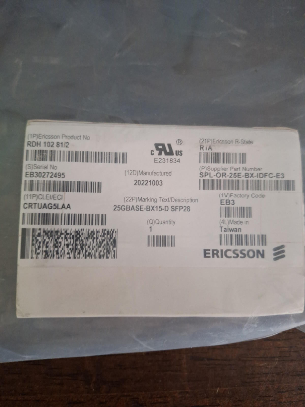 Ericsson RDH 102 81/2 25GBASE-BX-15-D SFP28 NIB 