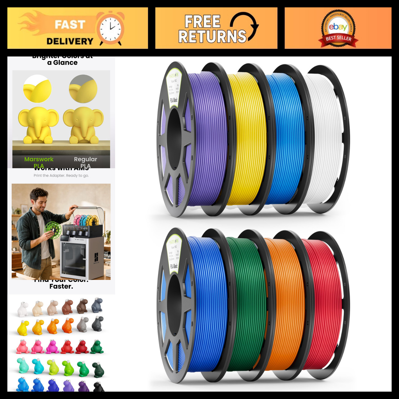 Pre-Dried PLA Filament Bundle 8 x 250g for 3D Printing - High Quality, Easy to U
