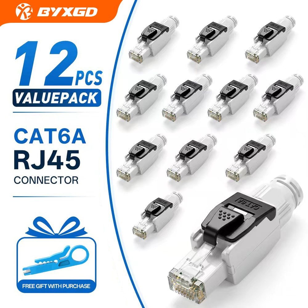 12PCS Cat6A RJ45 Field Termination Plug Tool-Free No Crimp 10Gbps Ethernet LAN