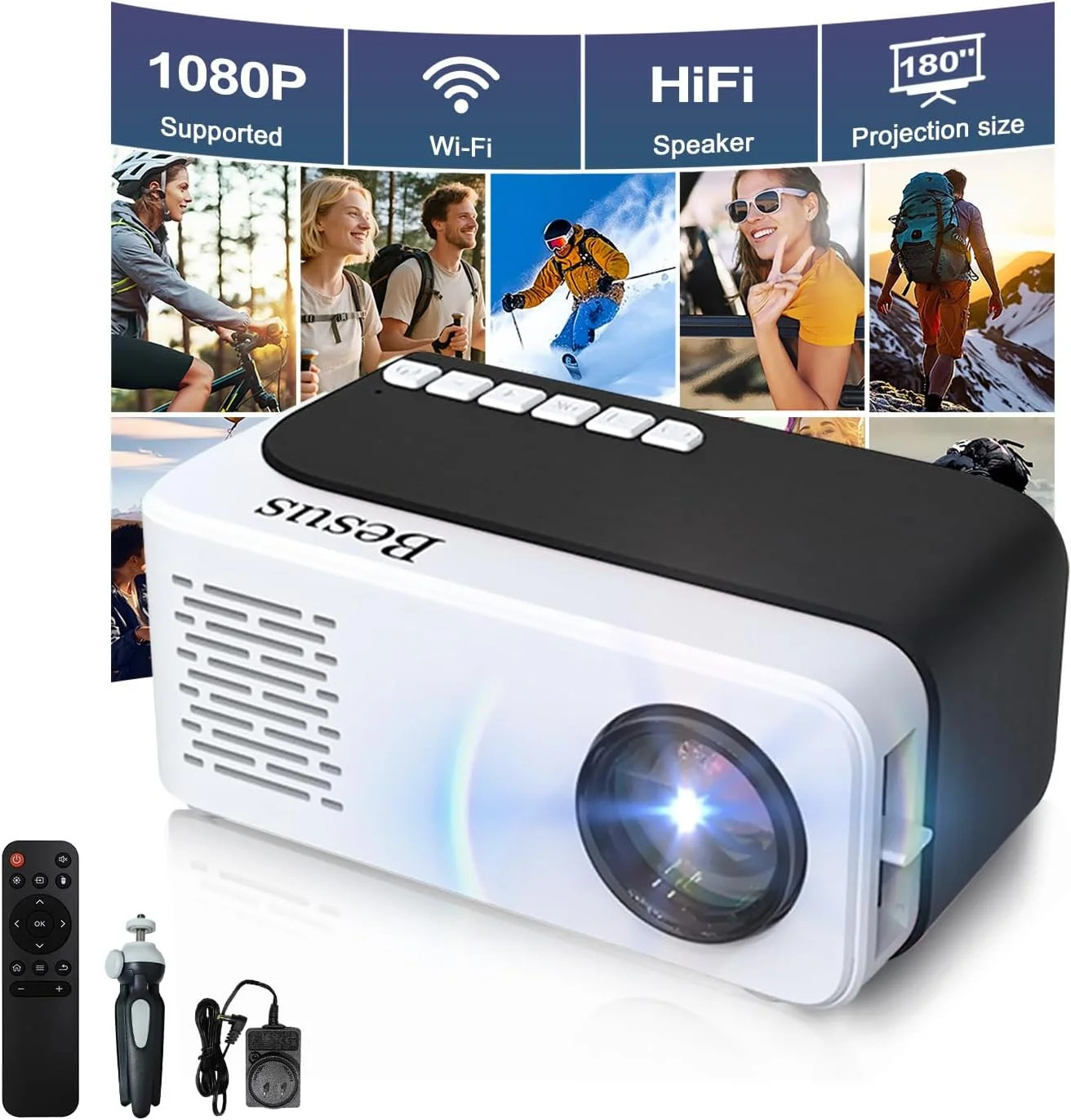 Mini Projector, HD 1080P WiFi Video Projector, Portable Outdoor Projector with T