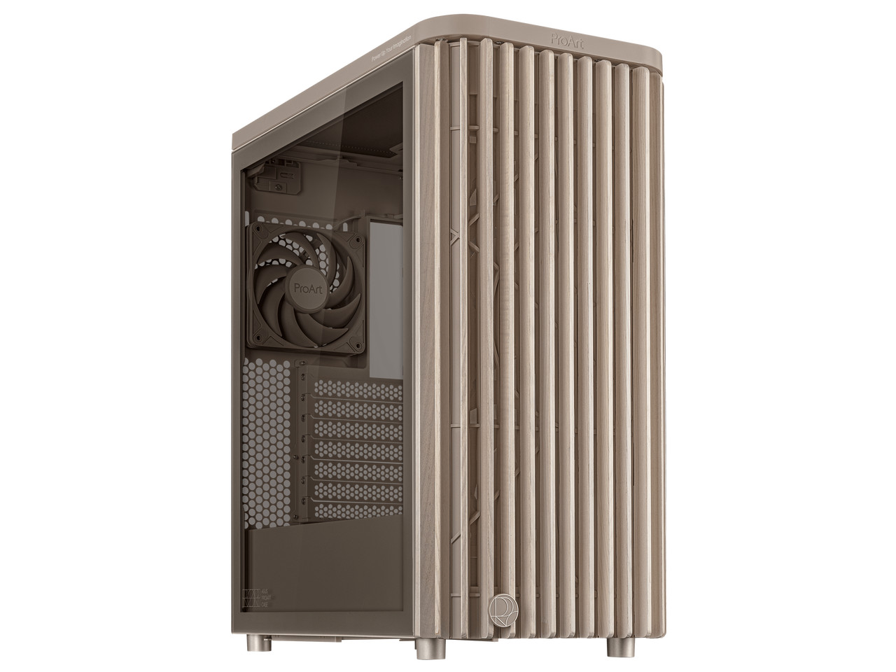 ASUS ProArt PA401 Wood Edition Beige ATX case features a tempered glass panel,