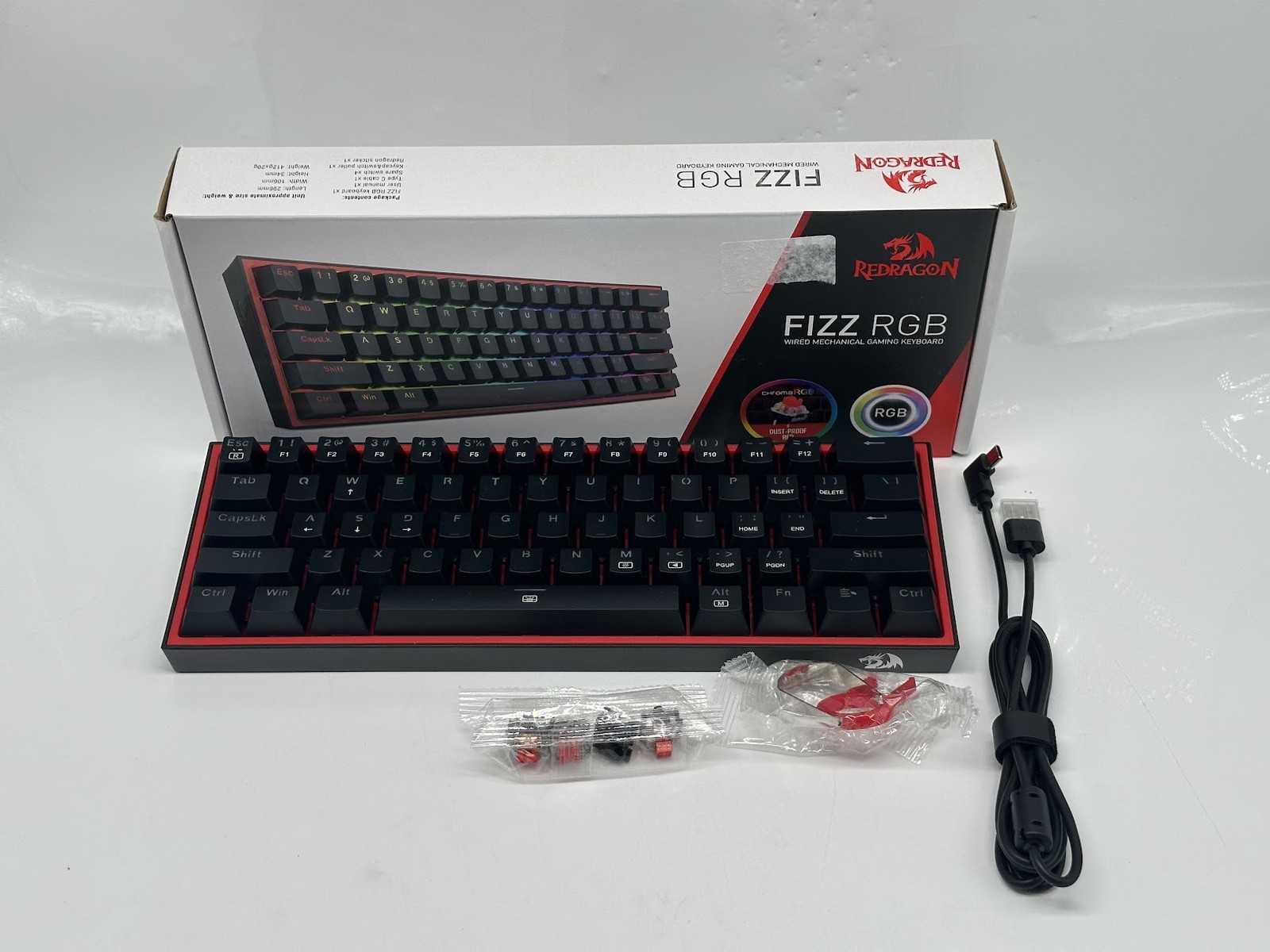 Redragon MCK617 Fizz 60% RGB Wired Keyboard, 61 Keys TKL - Black - Red Switch