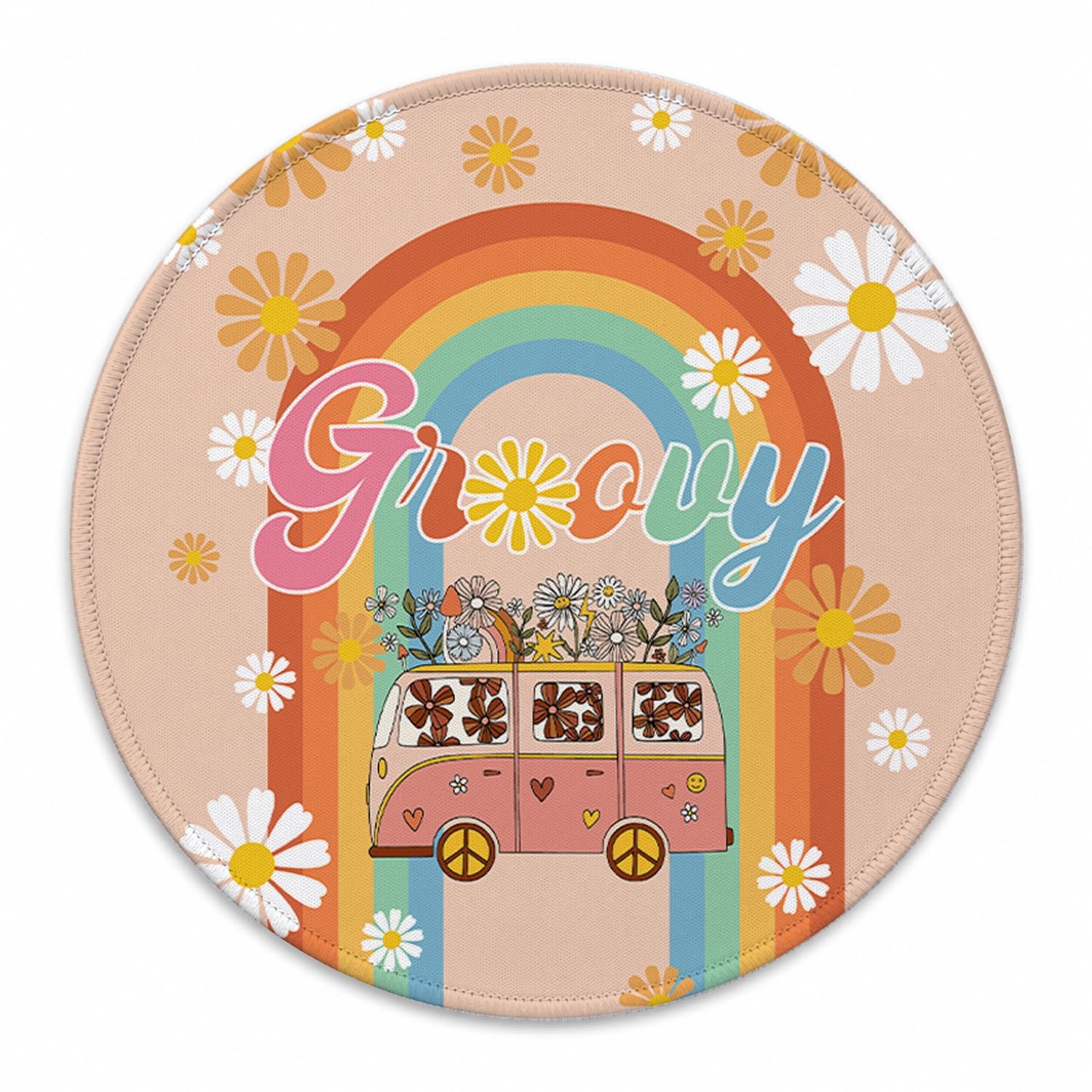 Retro 70s Hippie Daisy Bus Peace Round Mouse Pad, 7.9x7.9 Inch