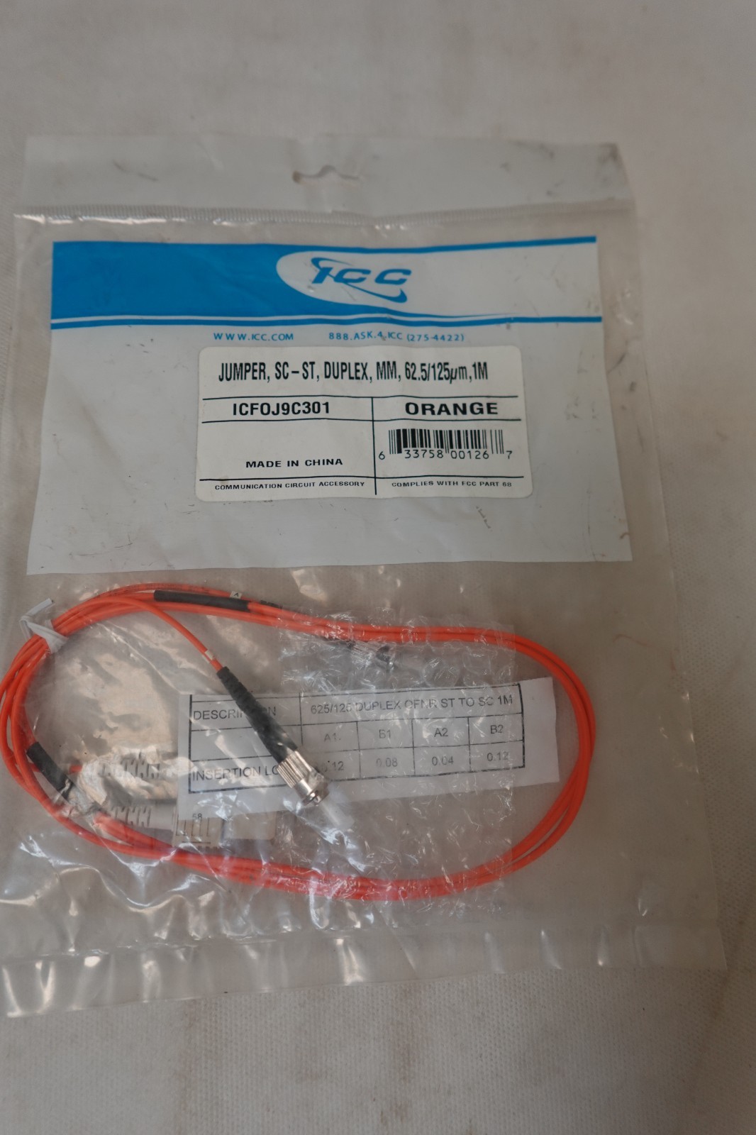 ICC FIBER OPTIC JUMPER CABLE (Orange) SC-ST Duplex - 1 Meter - ICFOJ9C301