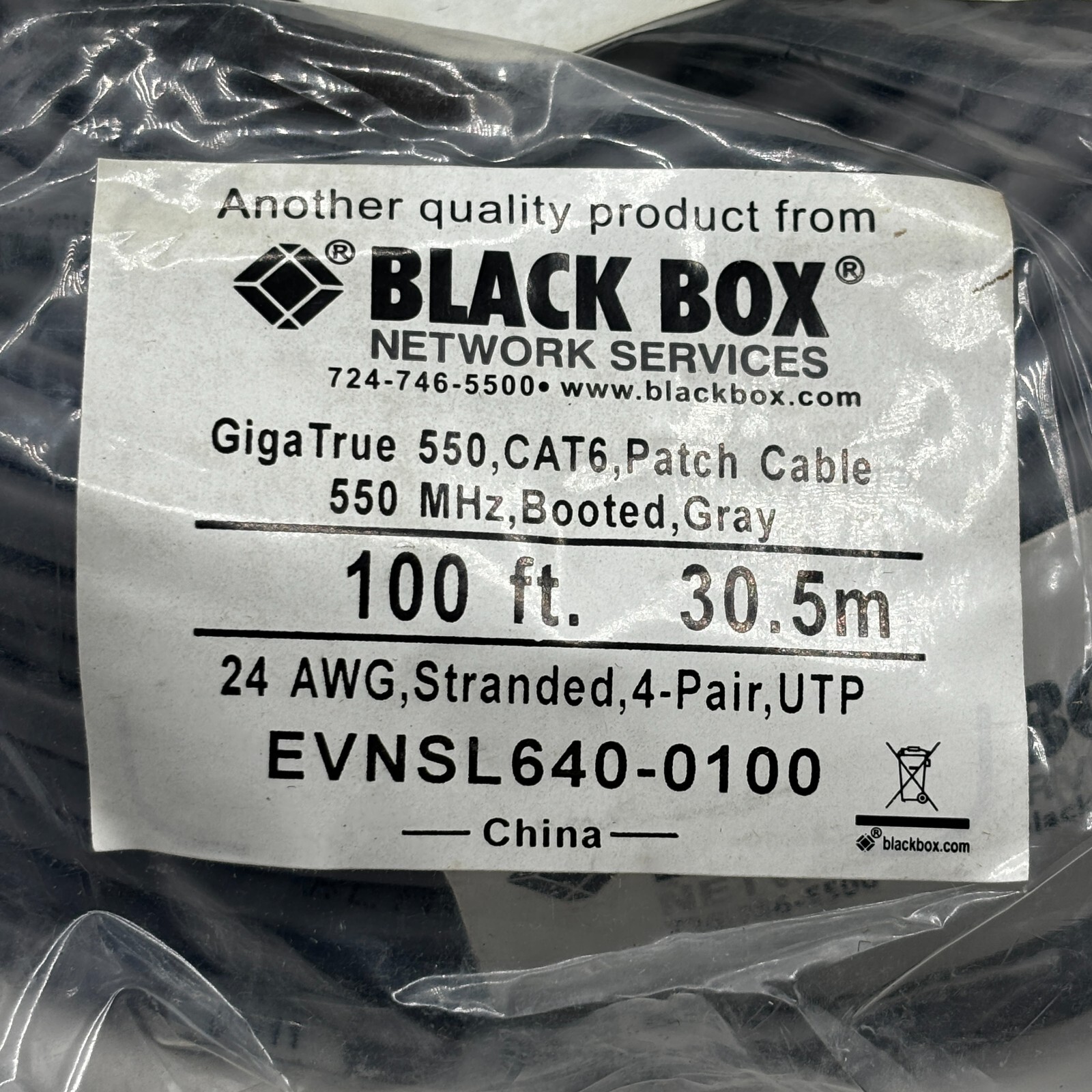 EVNSL640-0100 BLACK BOX 100FT GIGATRUE 550 CAT6 PATCH CABLE 🔔