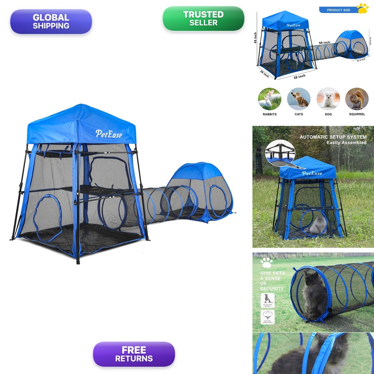 PetEase 3-in-1 Extra Large Portable Cat Playpen with Tower Tent & Tunnel
