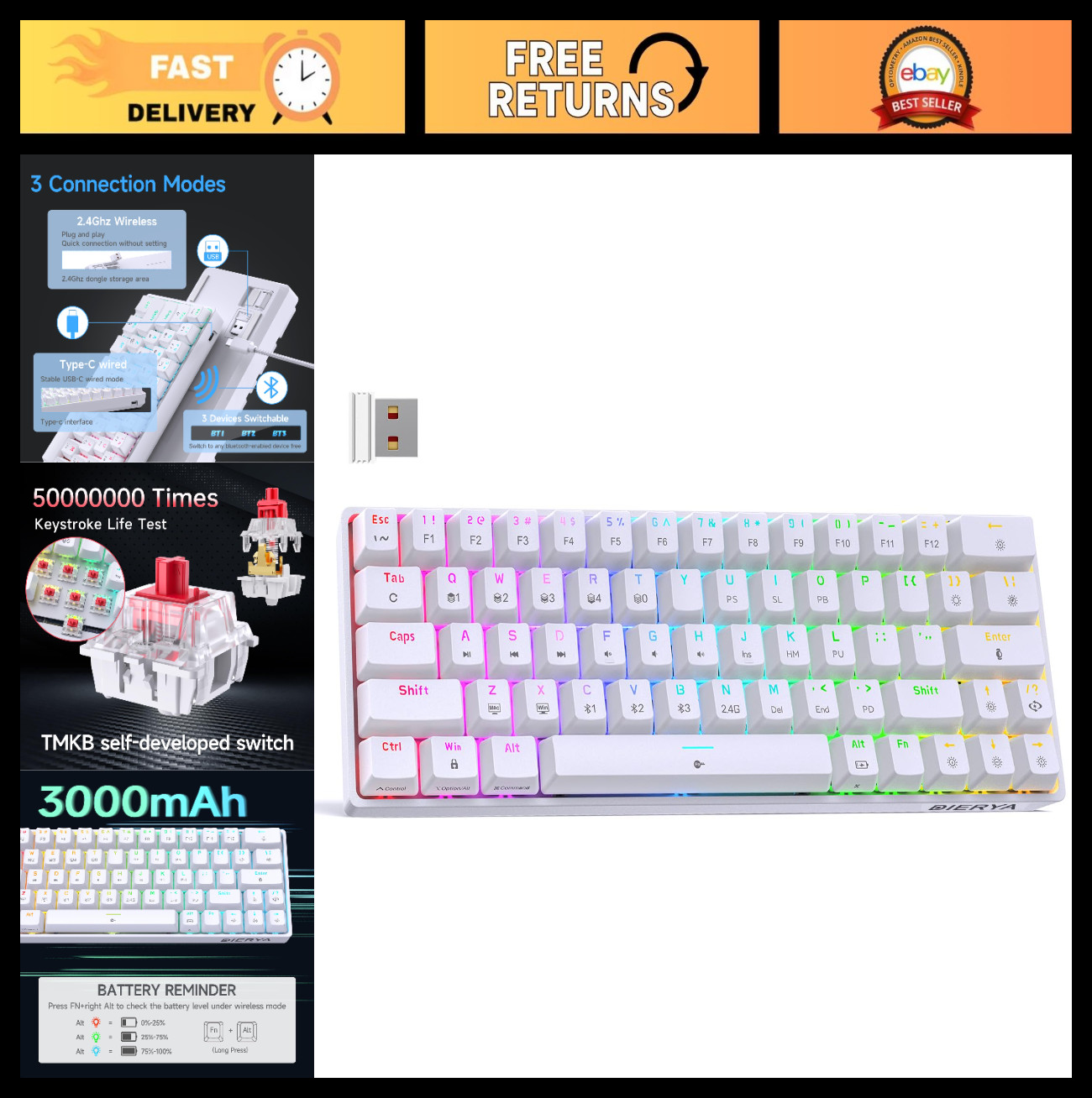 Compact 60% Wireless Mechanical Gaming Keyboard | RGB Backlit | Bluetooth/Wired