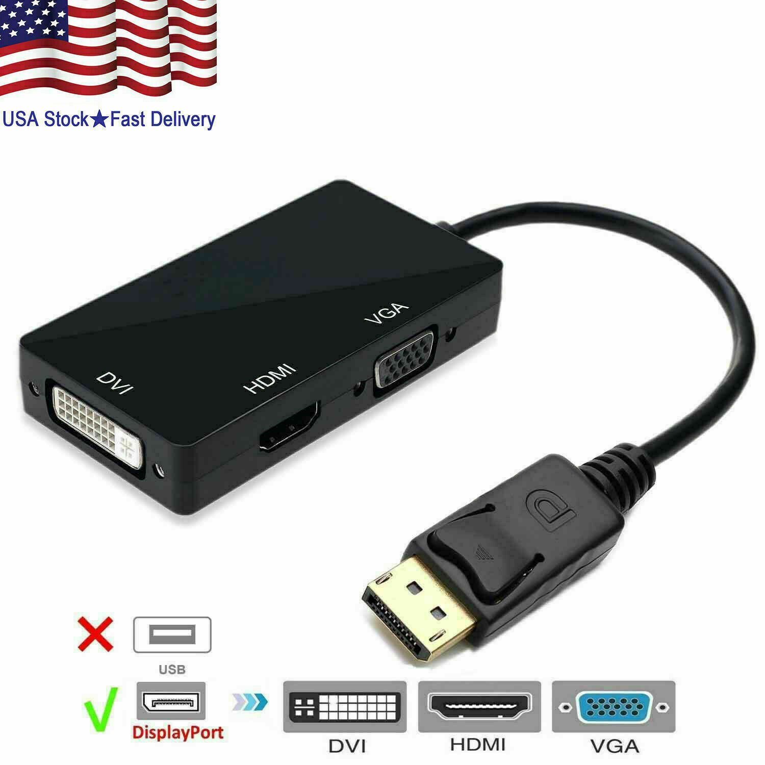 25 X 3 In 1 Display Port DP Male To HDMI/DVI/VGA Female Adapter Converter 1080P