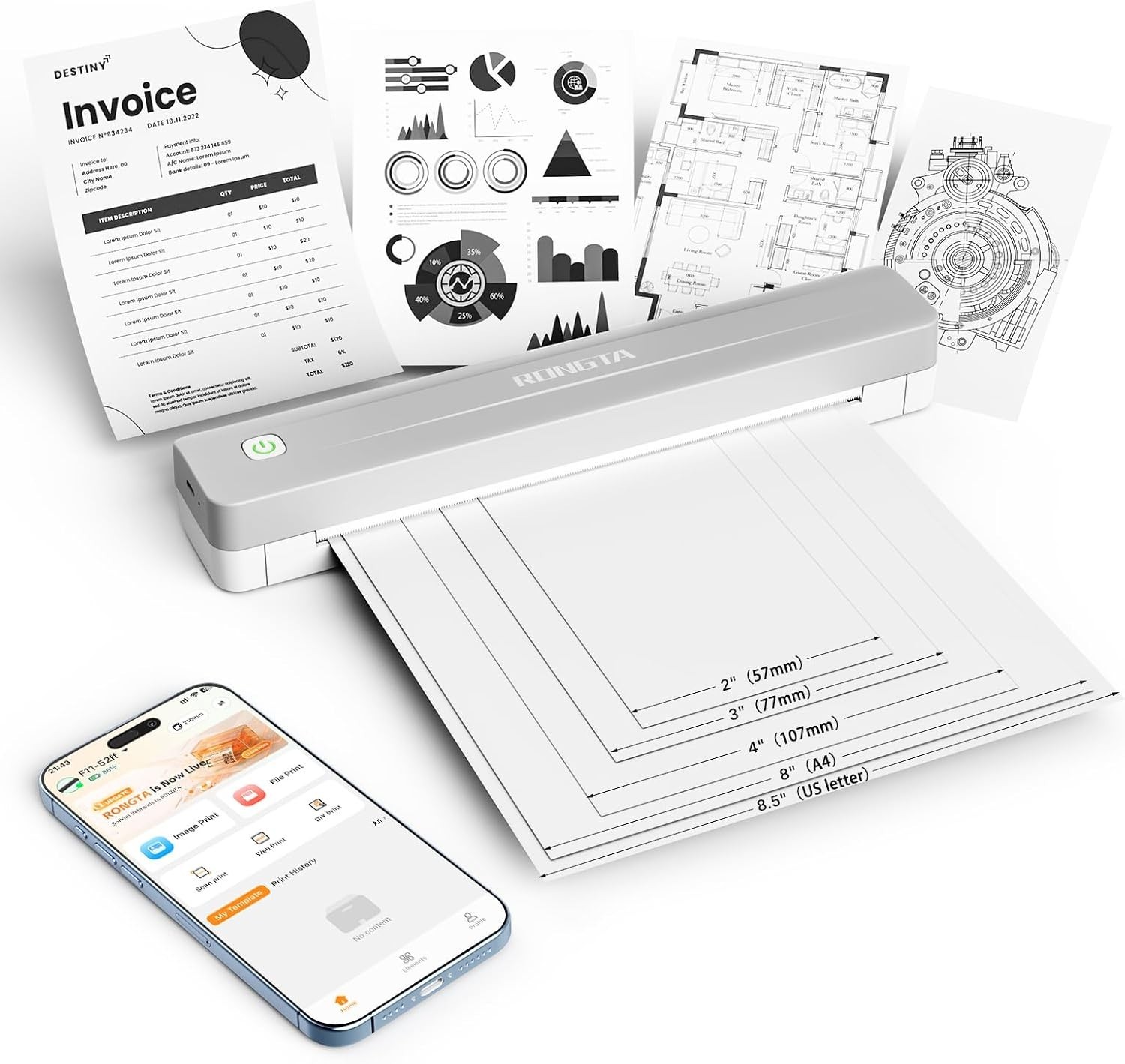 Impresora Termica Portatil Inalámbrica Con Bluetooth 8.5X11 A4 Para Casa Celular