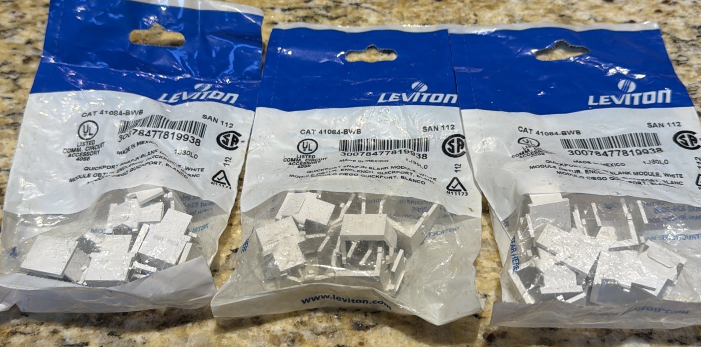 (3)- Leviton CAT 41084-BWB White QuickPort Insert PACKS. 30pcs.