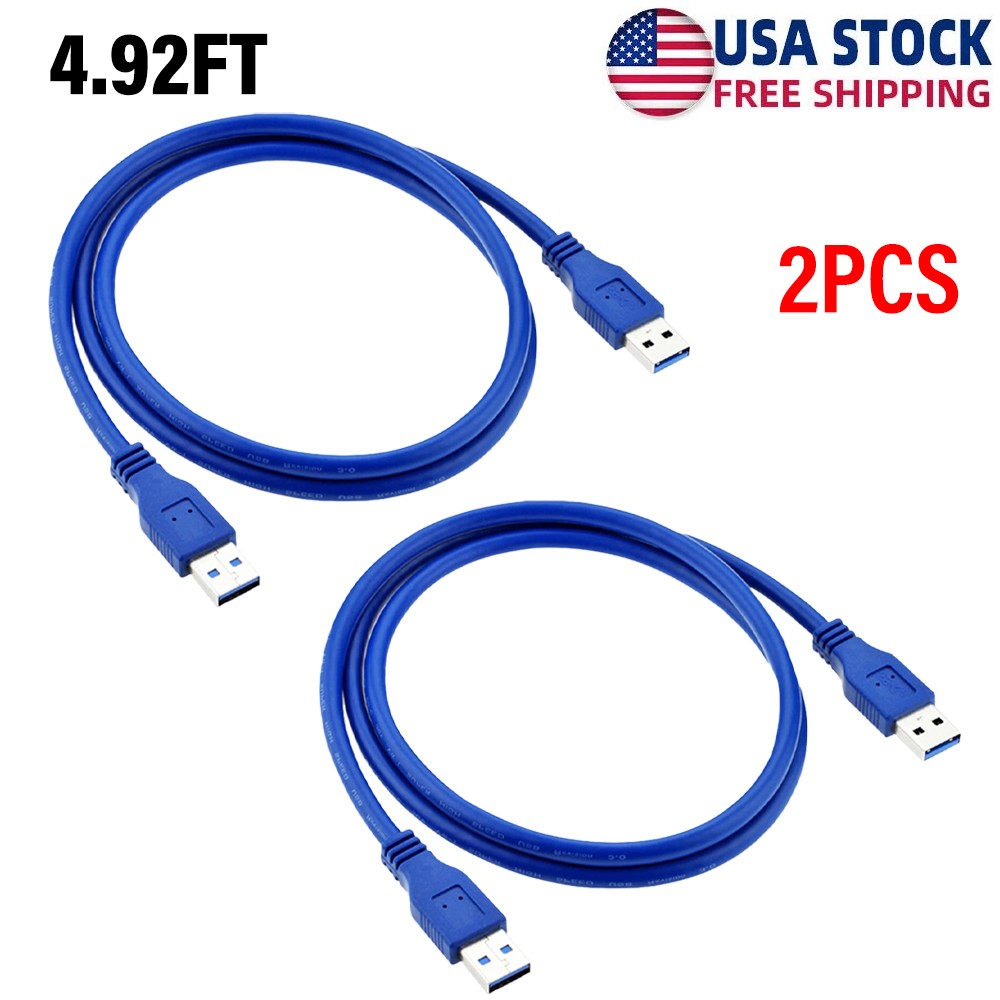 2PC USB 3.0 A Male to A Male USB Cable High Speed Data Transfer Cord Blue 4.92FT
