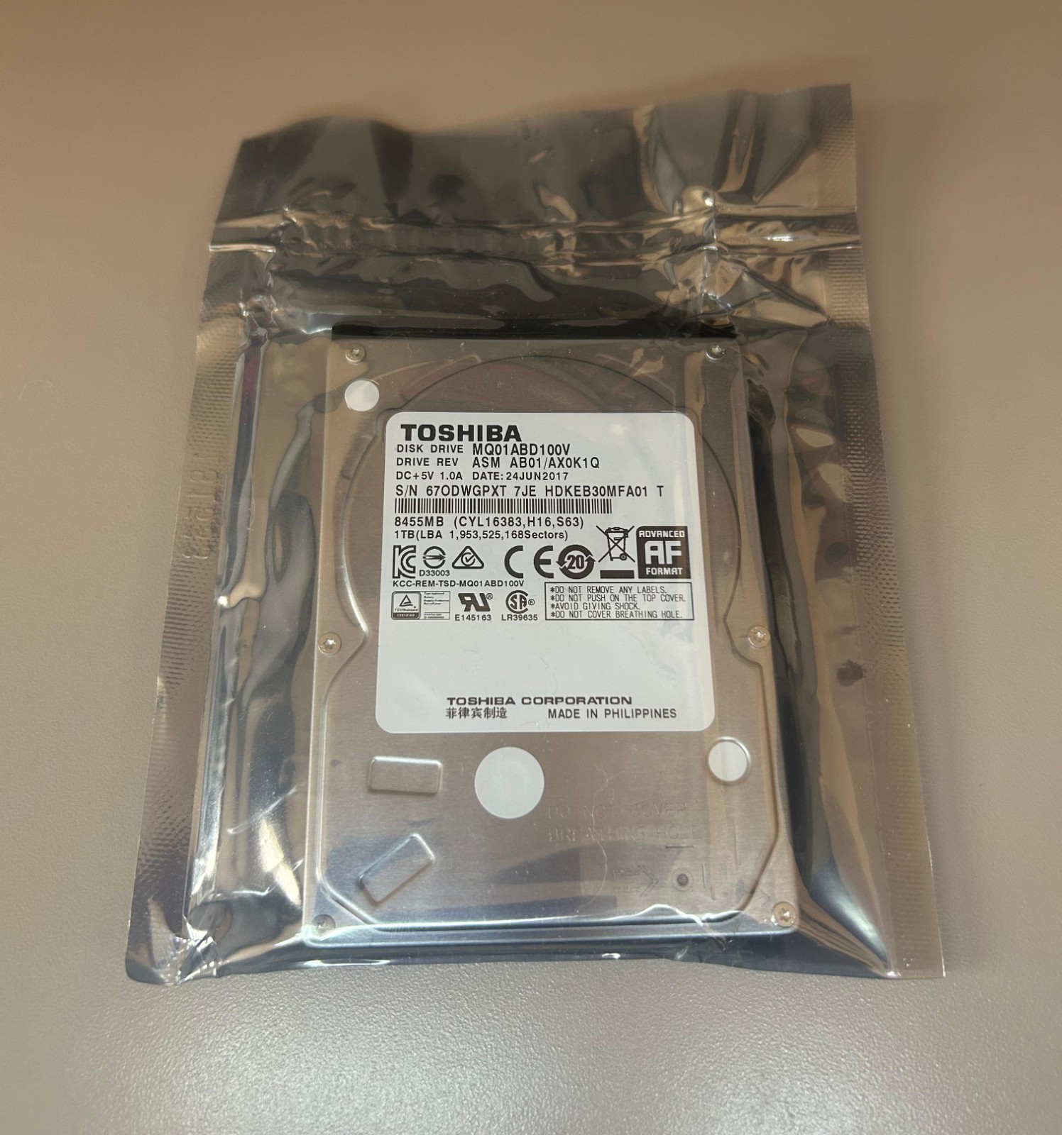 Toshiba MQ01ABD100V (AX0K1Q) 1 TB 9.5mm HDD  5400 RPM SATA II. New Old Stock.