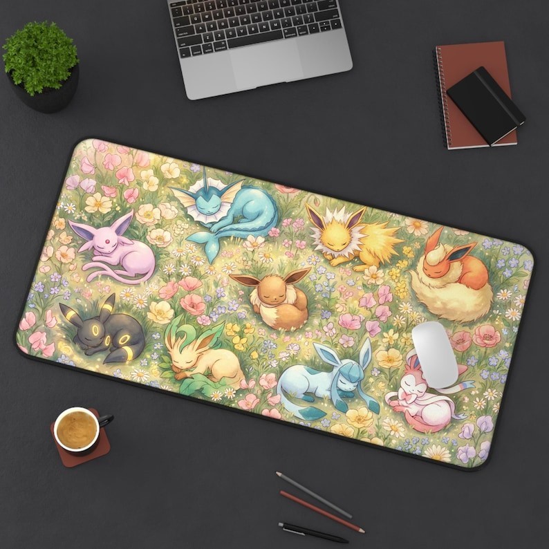 Sleeping Pokémon Meadow Desk Mat Eevee and Eeveelutions Floral Desk Accessories