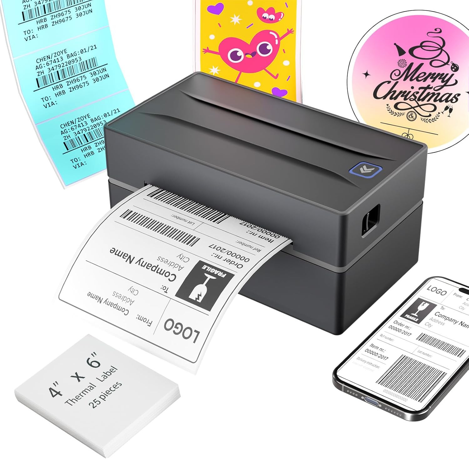 Bluetooth Thermal Shipping Label Printer: 4X6 Wireless Label Maker with Tape for