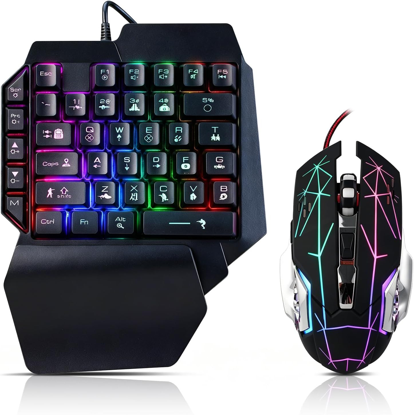 Guiheng Wired One Handed Gaming Keyboard and Mouse Combo with Rainbow LED Backli