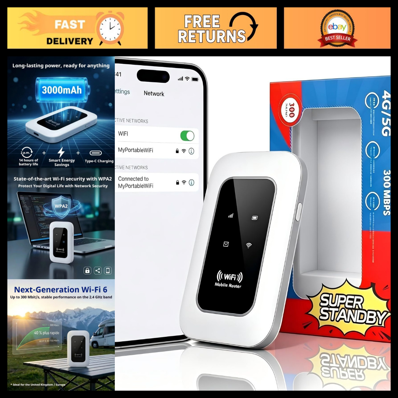 Unlocked 4G/5G Portable WiFi Hotspot Router, 300Mbps, Connects 16 Devices, Trave