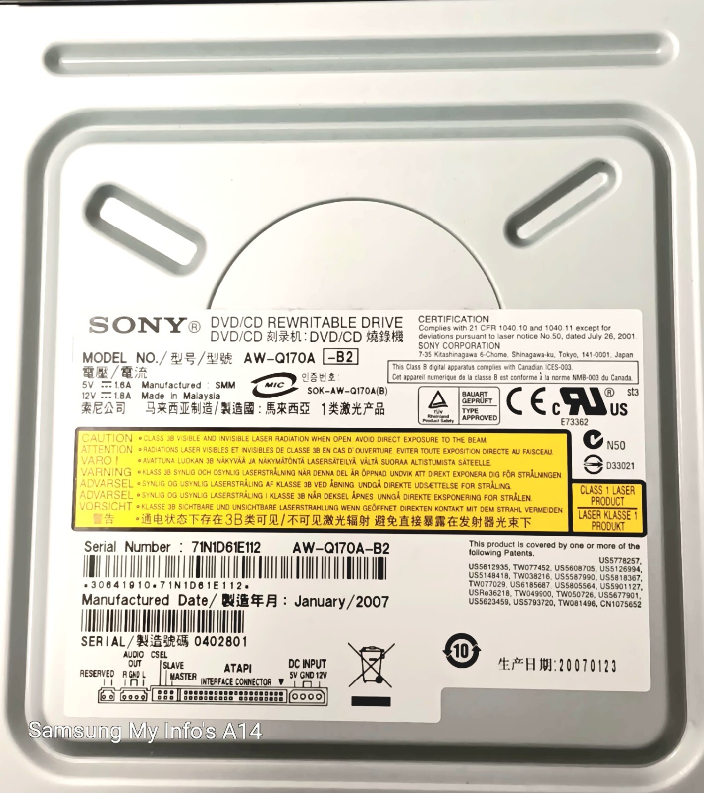 Sony AW-Q170A AWQ170A DVD/CD Re-writable Drive Made in Malaysia. Jan. 2007