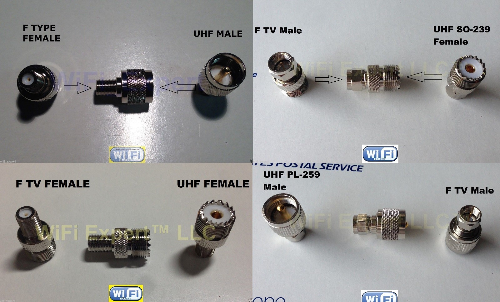 4pc SET UHF to F TV Male Female Jack Plug RF coaxial Adapters RF Connector USA