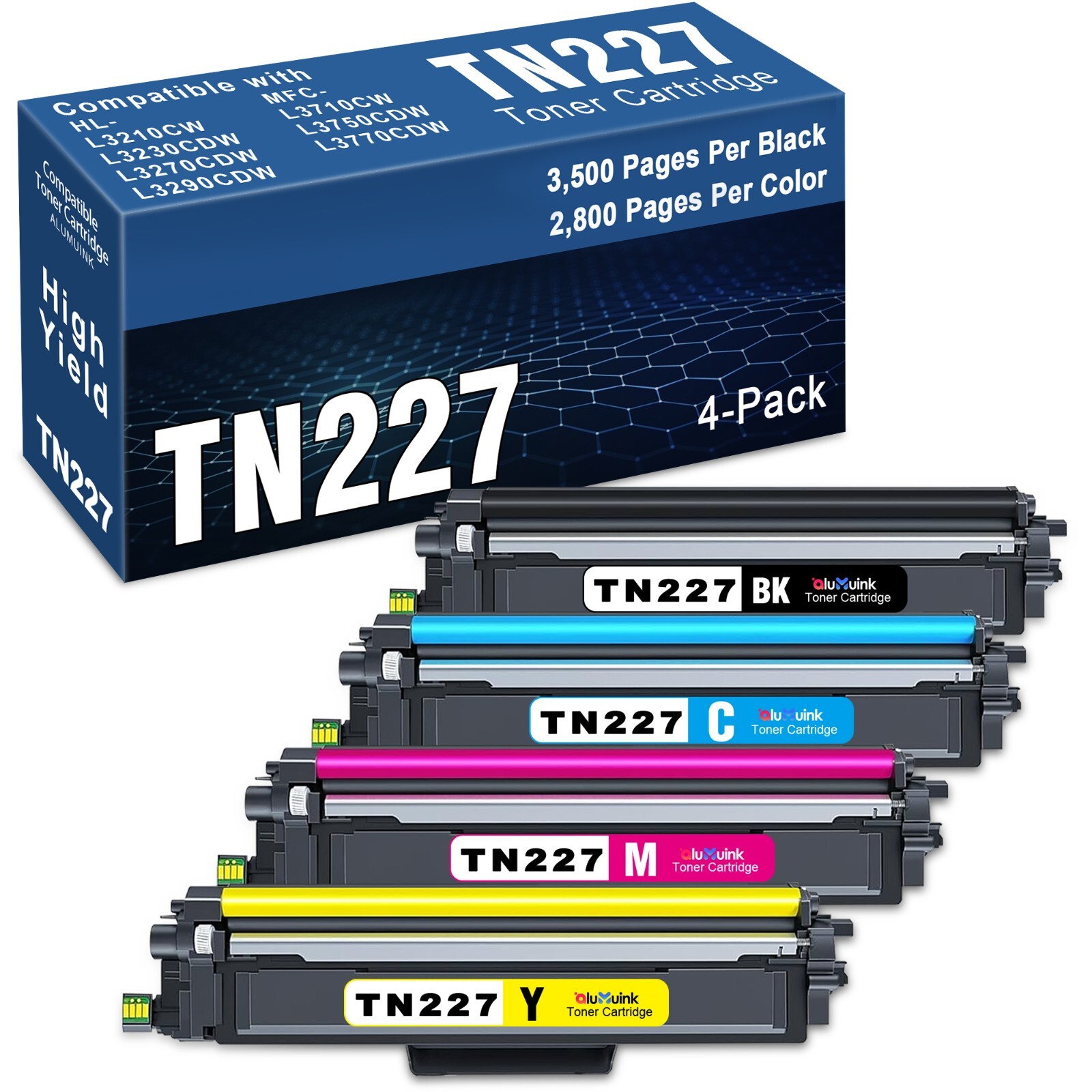 TN227 4PK High Yield Toner for Brother HL-L3270CDW MFC-L3770CDW TN-227BK/C/M/Y