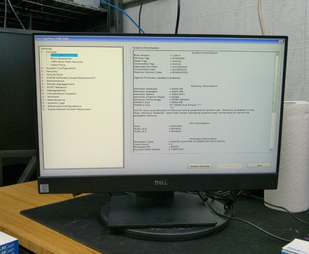 Dell Optiplex 7480 All-in-One 8GB DDR4 Intel i5-10500 - NO SSD/OS