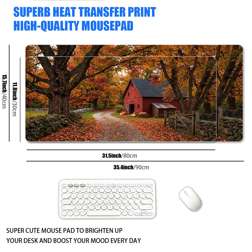 1pc XXL Large Mouse Pad, Autumn Maple Red Barn Healing Scenery Style, Office D