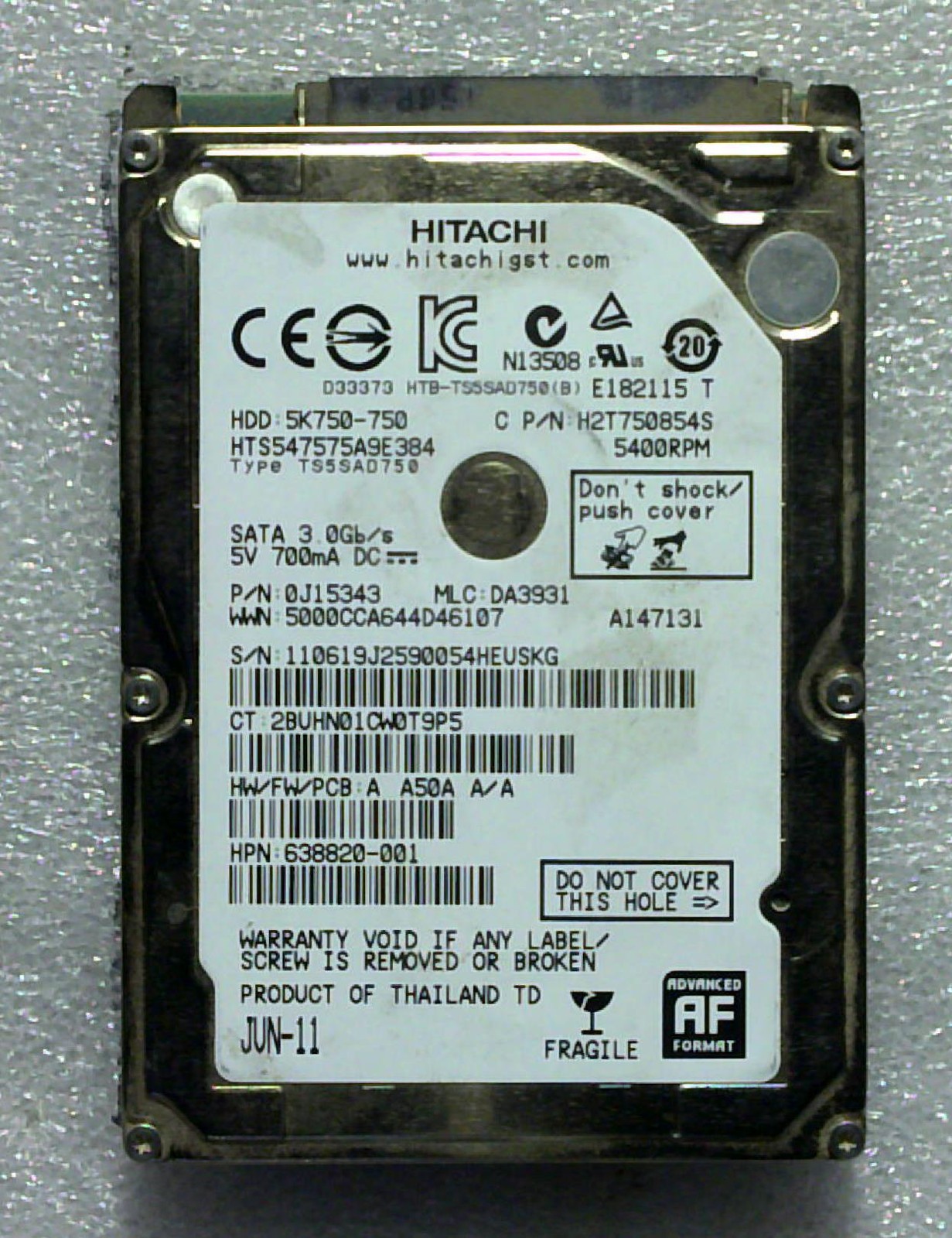 Hitachi / HGST - HTS547575A9E384 - 750GB - 0J15343 - SN: 54HEUSKG