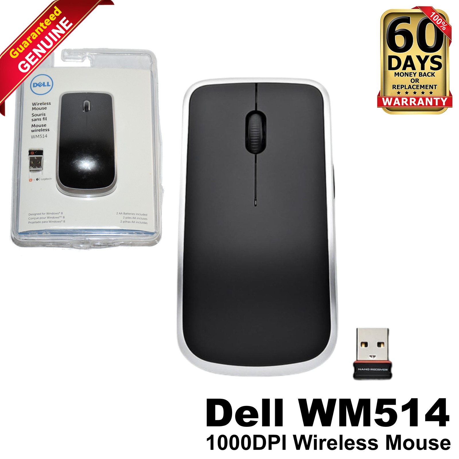 Dell WM514 Wireless Laser Mouse 1000 DPI 2.4GHz USB Receiver 6 Button DR1KP