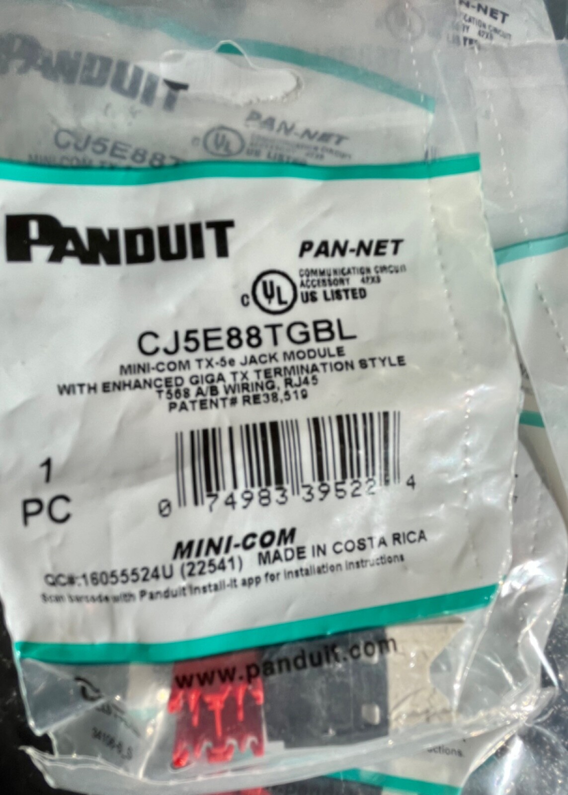Panduit CJ5E88TBL Mini-Com® TX5E™ T Style UTP Jack Module, Black (Qty 10)