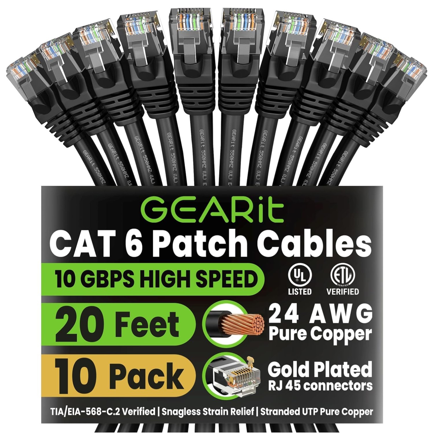 High-Speed Cat 6 Ethernet Cable 10-Pack, 20ft Black