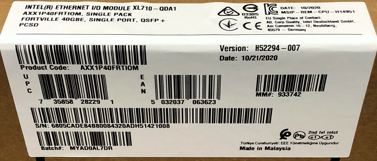 Intel AXX1P40FRTIOM single-port, QSFP, XL710 Ethernet I/O Module XL710-QDA1 NEW