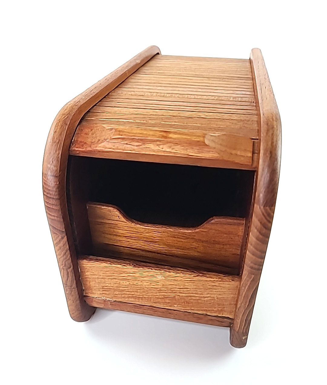Vintage MCM Teak Wood Tambour Roll Top Desk Organizer Storage Box