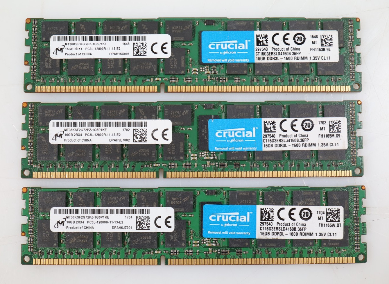 Lot 3x 16GB (48GB) Micron MT36KSF2G72PZ 1600MHz DDR3 RDIMM Memory